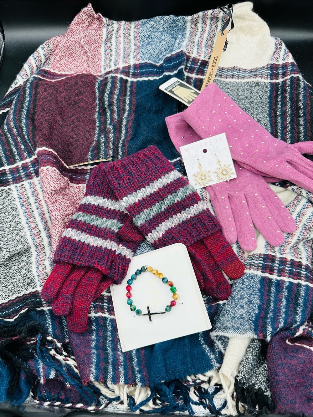 Coco + Carmen Plaid Blanket Cape with Burgundy, Navy, Cream and Pink Accents